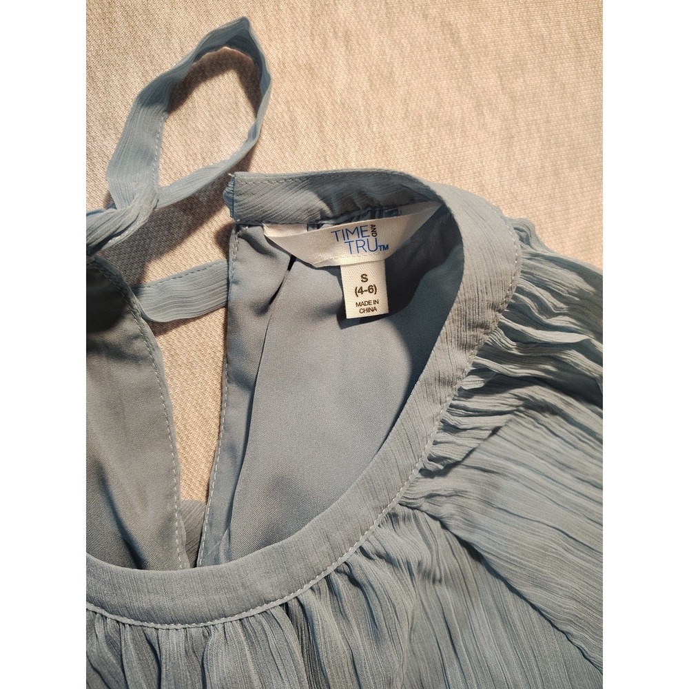 Dusty Blue Boho Size S (4-6) Crinkle Long Sleeve Airy Ruffle Hem Dress - Picture 3 of 11